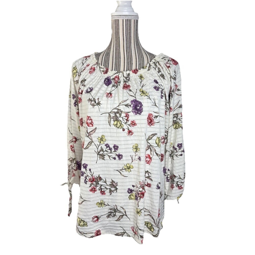 Ralph Lauren Boat Neck Womens LARGE Cream Boho Floral Top Shirt 100% cotton